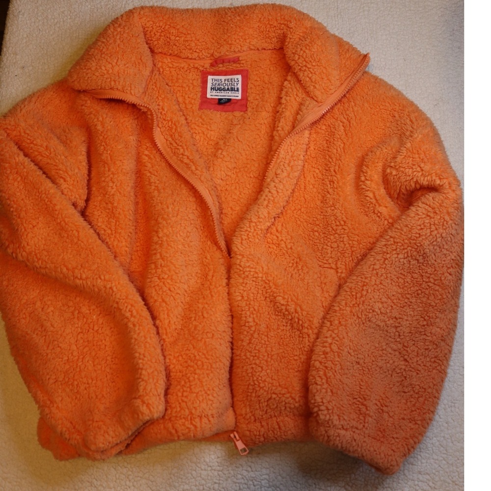 American Eagle Seriously Huggable Sherpa Fleece Jacket Neon Orange Full Zip XS S